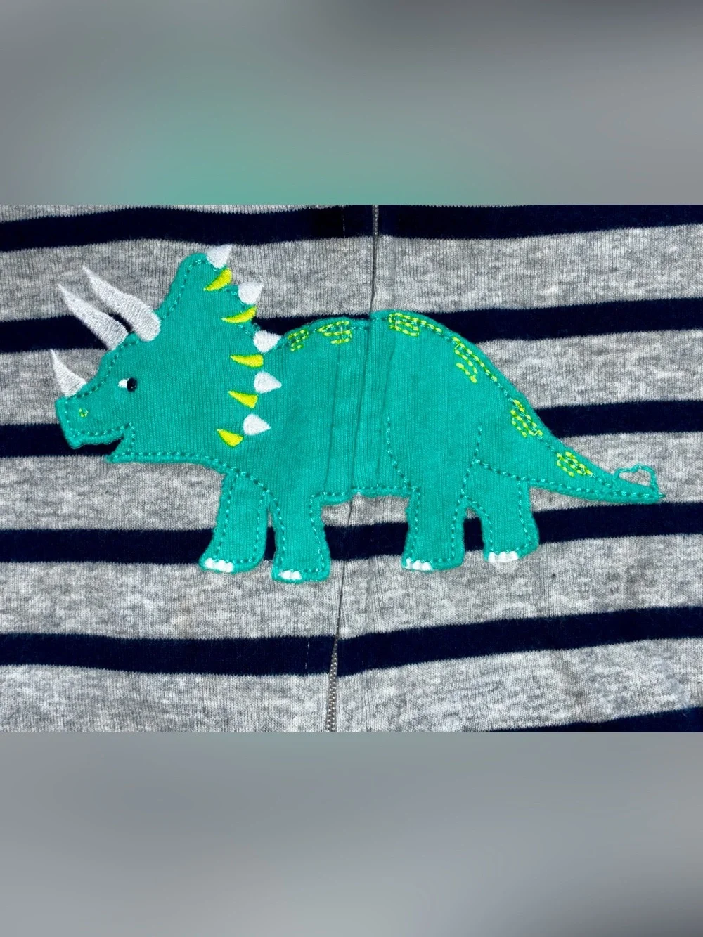 Striped Navy & Gray Dinosaur Footed One-Piece for Kids